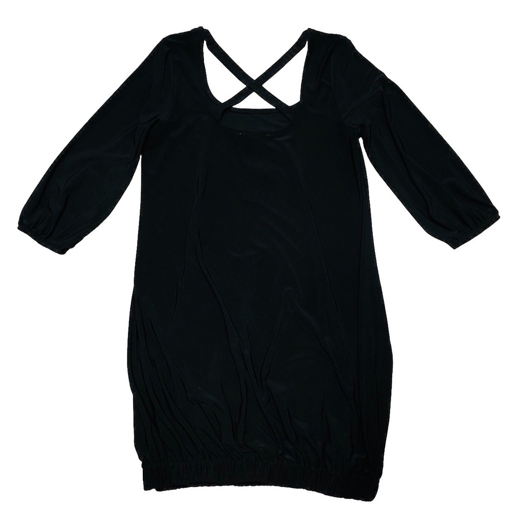 White House Black Market Dress M Black Mini 3/4 Sleeve Strap Back USA NEW
